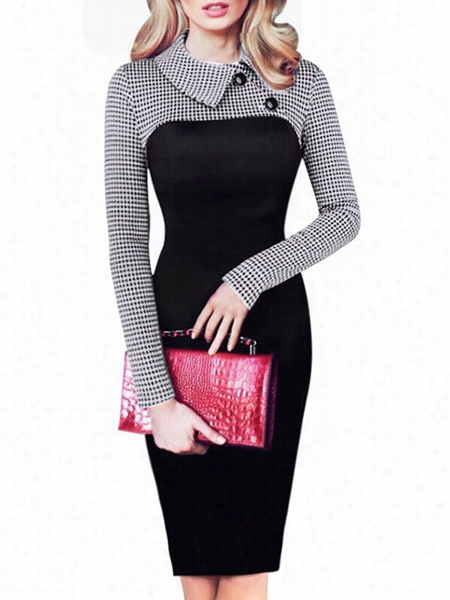 Color Block Houndstooth Classi Cal Lapel Bodycon Dress