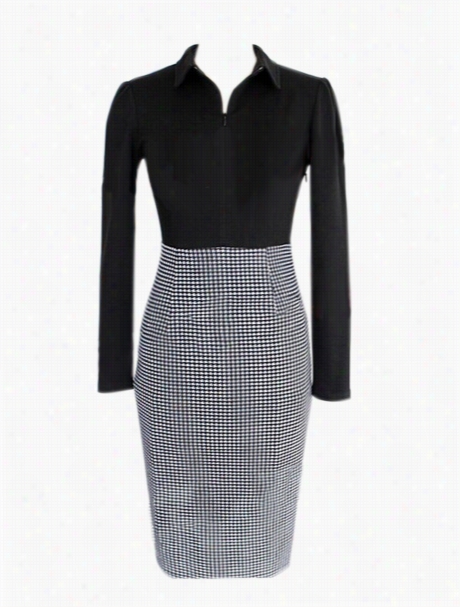 Color Block Houndstooth Greatest Part Popular Lapel Bodycon-dress