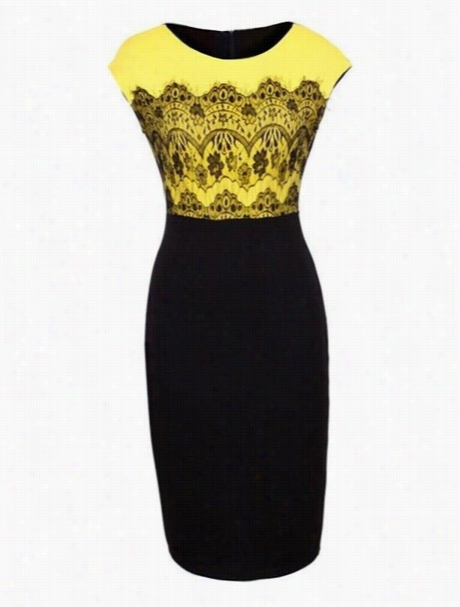 Color Block Lcae Most Popular Round Neck Bodycon-dress