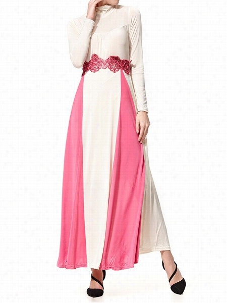 Color Block Lace Patchwork Band Collar Maxi Derss