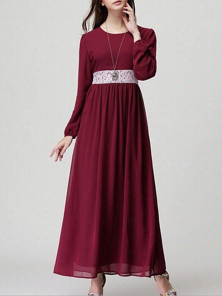 Color Block Lacepatchwork Charming Crew Neck Maxi Dress