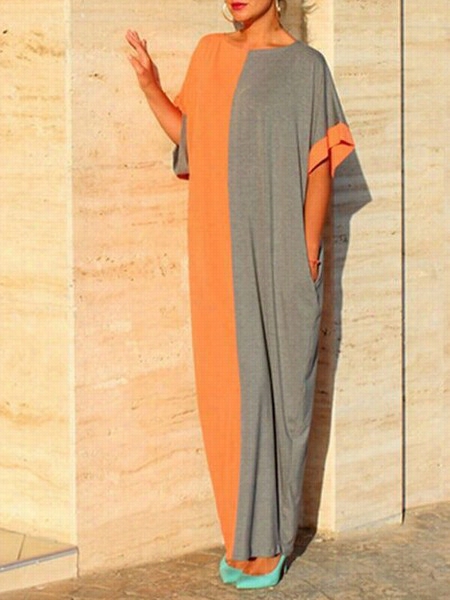 Color Block Loose Slash Neck Maxi Dress