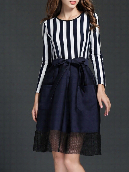 Color Block Patchwork Striped Bowknot Fantastic Round Neck Skater Dress