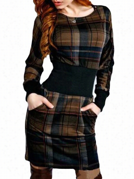 Color Block Plaid Chic Crew Neck Bodycon-dress