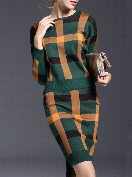 Color Block Plaid Fascinatingc Rew Neck Knitted-dress