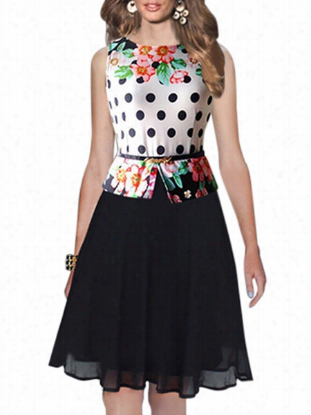 Crew Neck Floral Printed Polka Dot Skater-dress