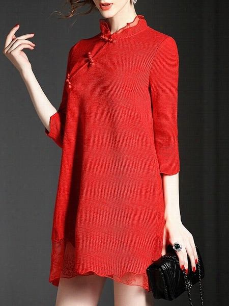 Diagonal Button Fancy Crew  Neck Shift Dress