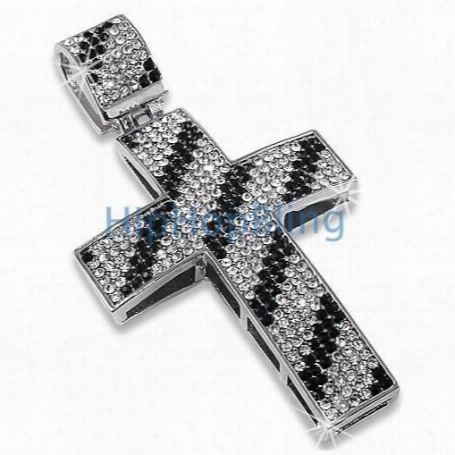 Diagonal  Striped Black & White Iced Out Cross