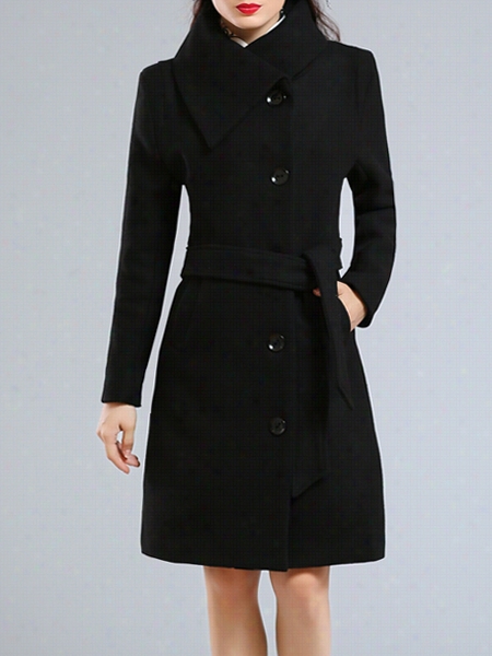 Elegant High Neck Unmarried Breasteed Plain Overcoats