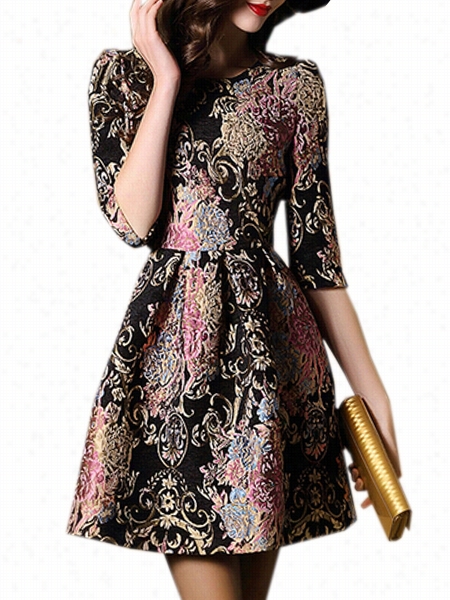 Embroidery Charing Round Neck Skater-dress