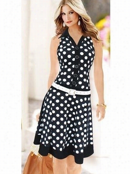 Enticing V Neck Printed Poolka Dot Skater-dress