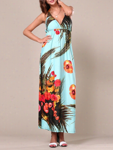 Fancy Floral Printed Bohemian Haltre Maxi Dress