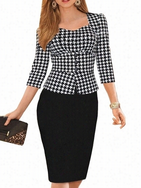 Fan Cy Sweetheart Houndstooth Fake Two-piece Bodycon-dress