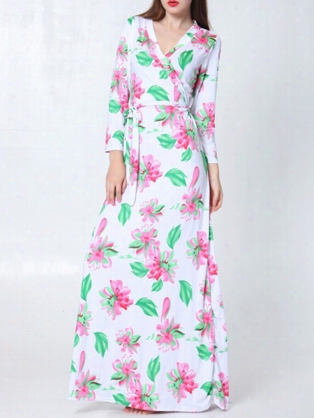 Fashion Floral Printed Charming V Neck Axi Dress