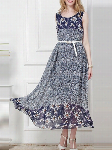 Fashion Positioning Printed Round Neck Maxi Drss