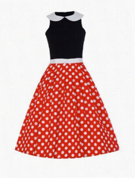 Fashionable Color Block Polka Dotg Lam Orous Doll Collar Skater Dress