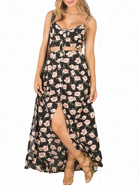 Floral Hollow Out Elegant Spaghetti Strap Maxi-dress