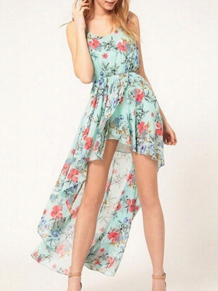 Floral Printed Asymmetrical Hems Fascinating Round Neck  Maxi Dress