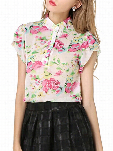 Floral Printed Band Collar Blouses