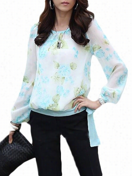 Floral Printed Bowknot Round Neck Blouses