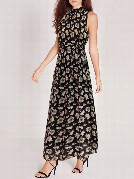 Floral Printed Charming Crew Neck Maxi Dress