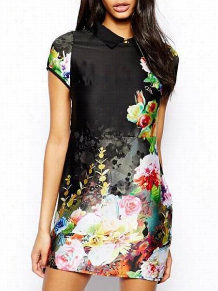 Floral Printed Charming Small Lapels Hift Dress
