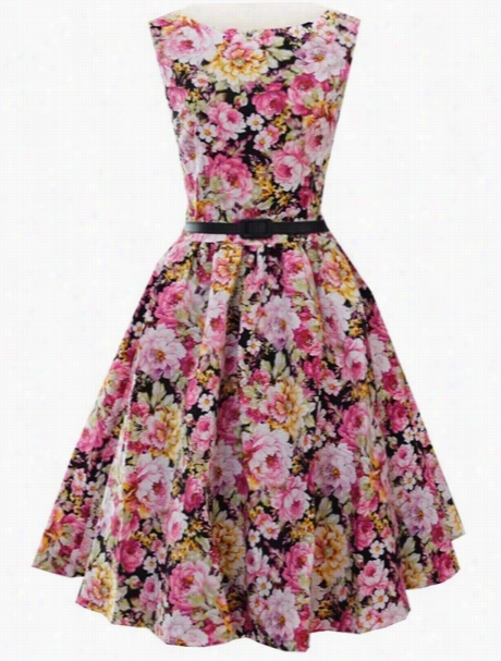 Floral Printed Crew Neck Elegant Skater-dress With Belt