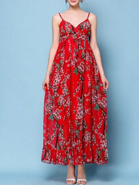 Floral Printed Fa Bulous V Neck Maxi Dress