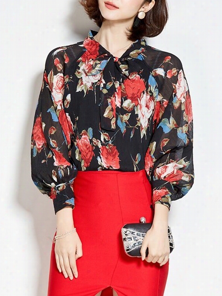 Floral Printed Pugf Sleeve Band Collar Blouses