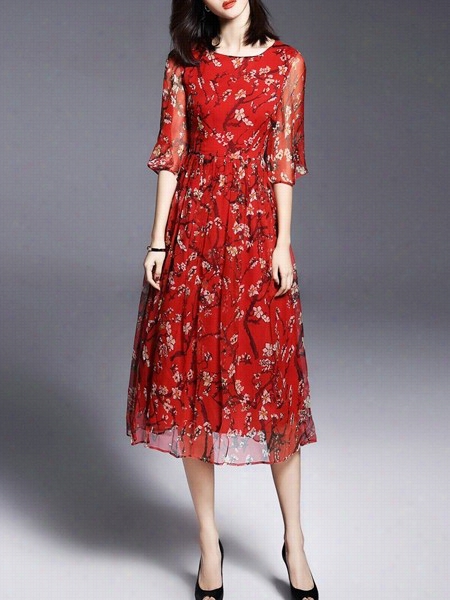 Floral Printed Round Neck Maxi Half Sleeve Ress