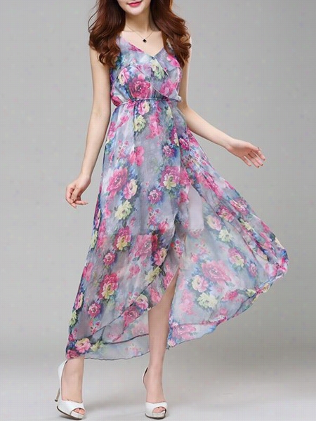 Floral Printed Side Slit Falbala V Neck Maxi Dress