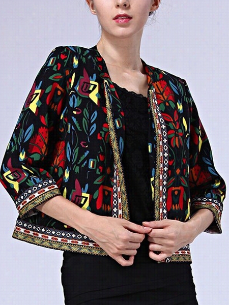 Floral Ptinted Solid Colorful Collarless Jackets