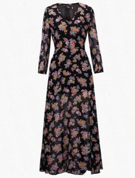 Floral Prrinte Dsplit V Neck Long Sleeve Maxi Dress