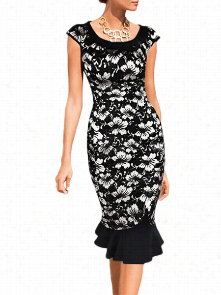 Floral Printed Vintage Deluxe Roud Neck Bodycon-dress