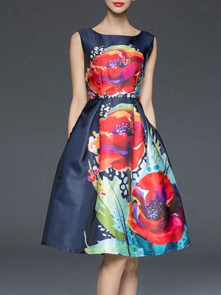 Flower Printed Graceful Round Neck Skater Dress