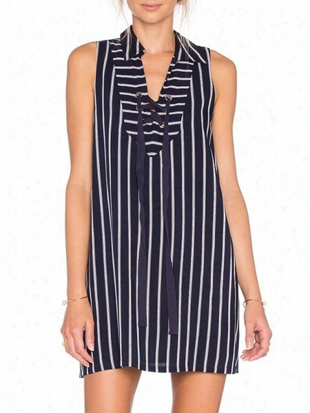 Front Lace Up Striped C0lor Block Sparkling Shift-dress