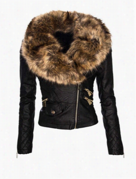 Fur Col Lar With Zips Attractive Imitation Leather Overcoats