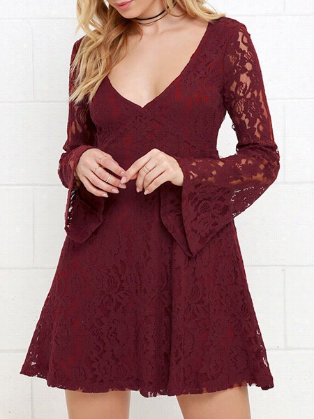 Hollow Out Lace Swell Sleeve Shift Dress