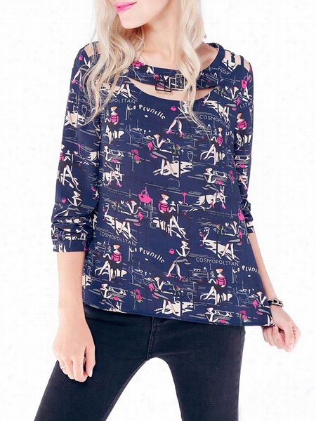 Hokl0w Out Printed Trendy Round  Neck Blouses