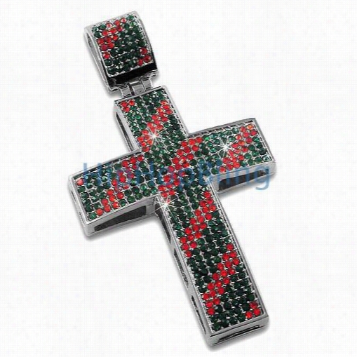 Itayl Colors Red & Green Striped Diagonal Iced Out Cross