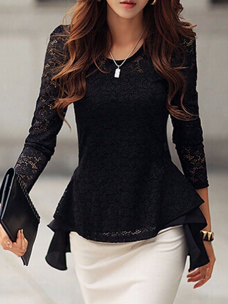 Lace Asymmetrical Hems Chic Round Neck Blouses