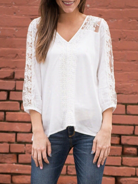 Lace Embroidery Wholly Out  Vneck Blouses