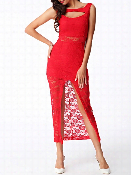 Lace Highh Slit Fascinating Sur~ Neck Maxi-dress