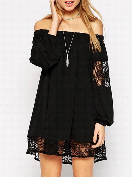 Lace Patchwork Casual Slash Neck Shift Dress