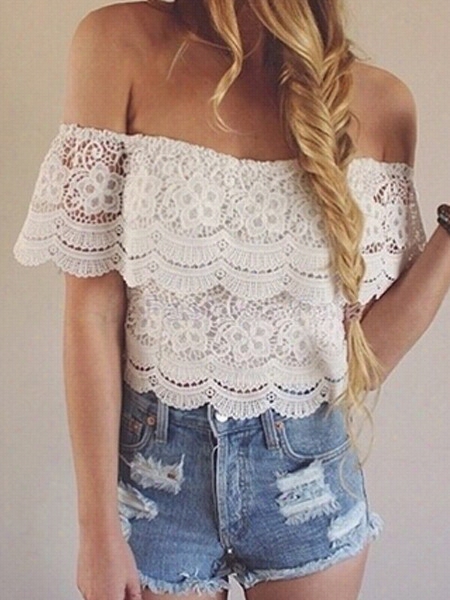 Lace Patchwork Off Shoulder Blouses