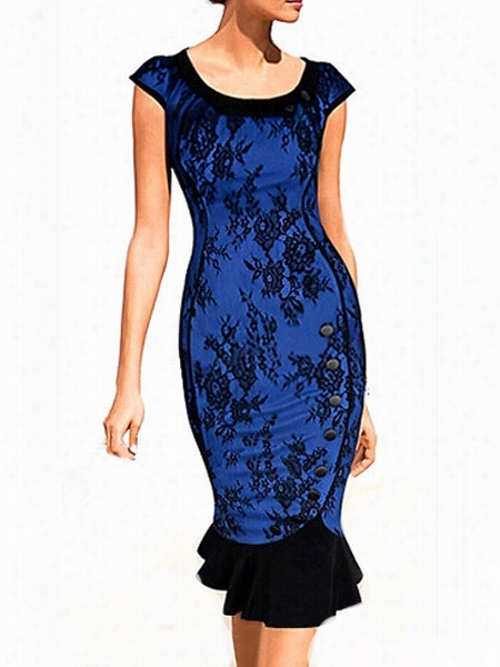 Lady Like Lace Patchwork Round Neck Wiith Zip Bodycon-dress