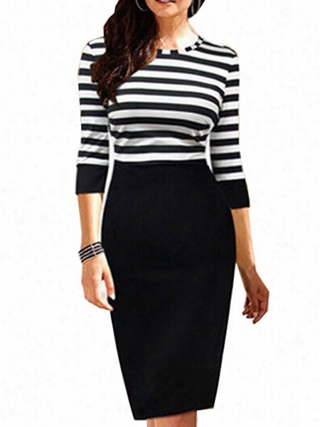 Ladylike Stripsd Crew Neck Assorted Color Bodycon-dress