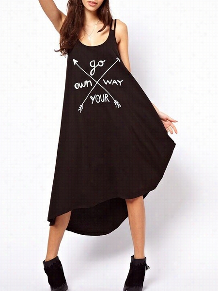 Letter Printed Asymmetricalh Ems Rouns Neck Maxi Dress