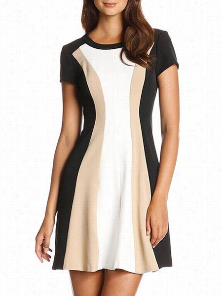 Ol Color Block Concise Crew Neck Skater Dress