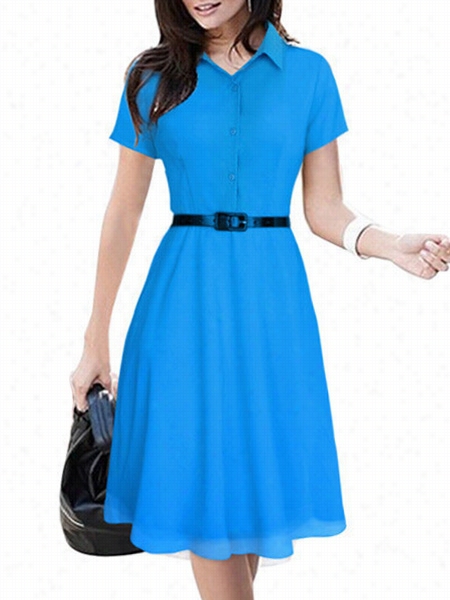 Ol Style Small Lapel Plain Skater-dress